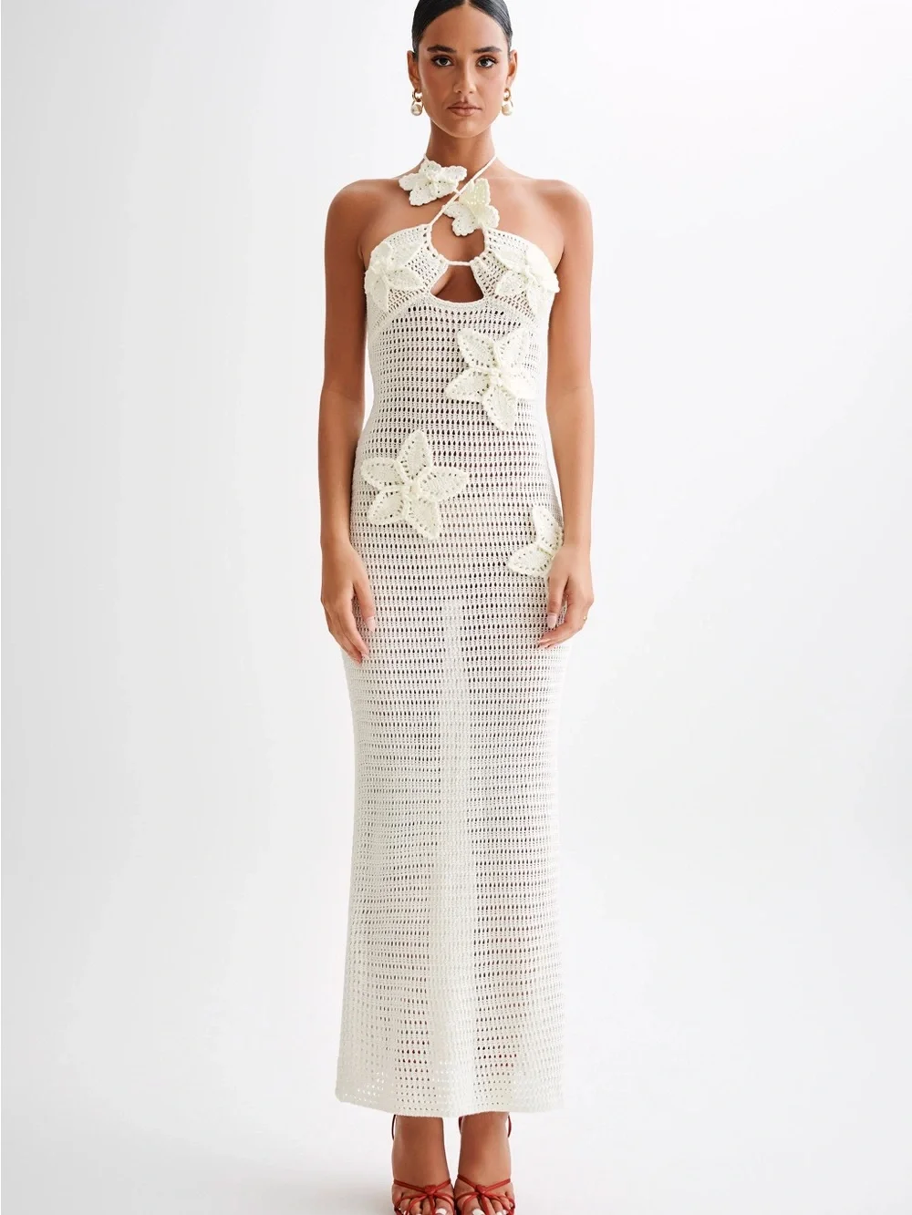 Meshki Cream Crochet Halter Maxi Dress with Floral Appliqué